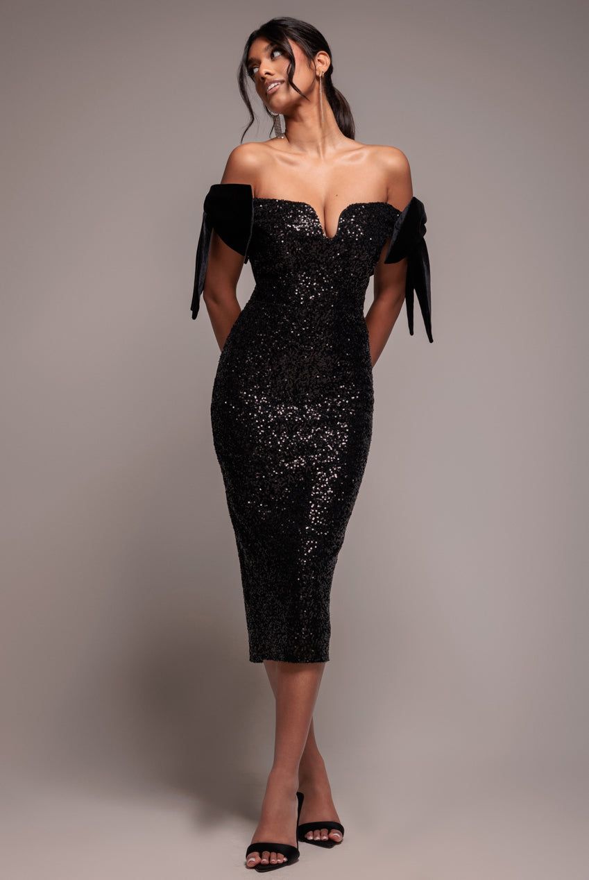 Goddiva Sequin Off The Shoulder Velvet Bow Midi Dress