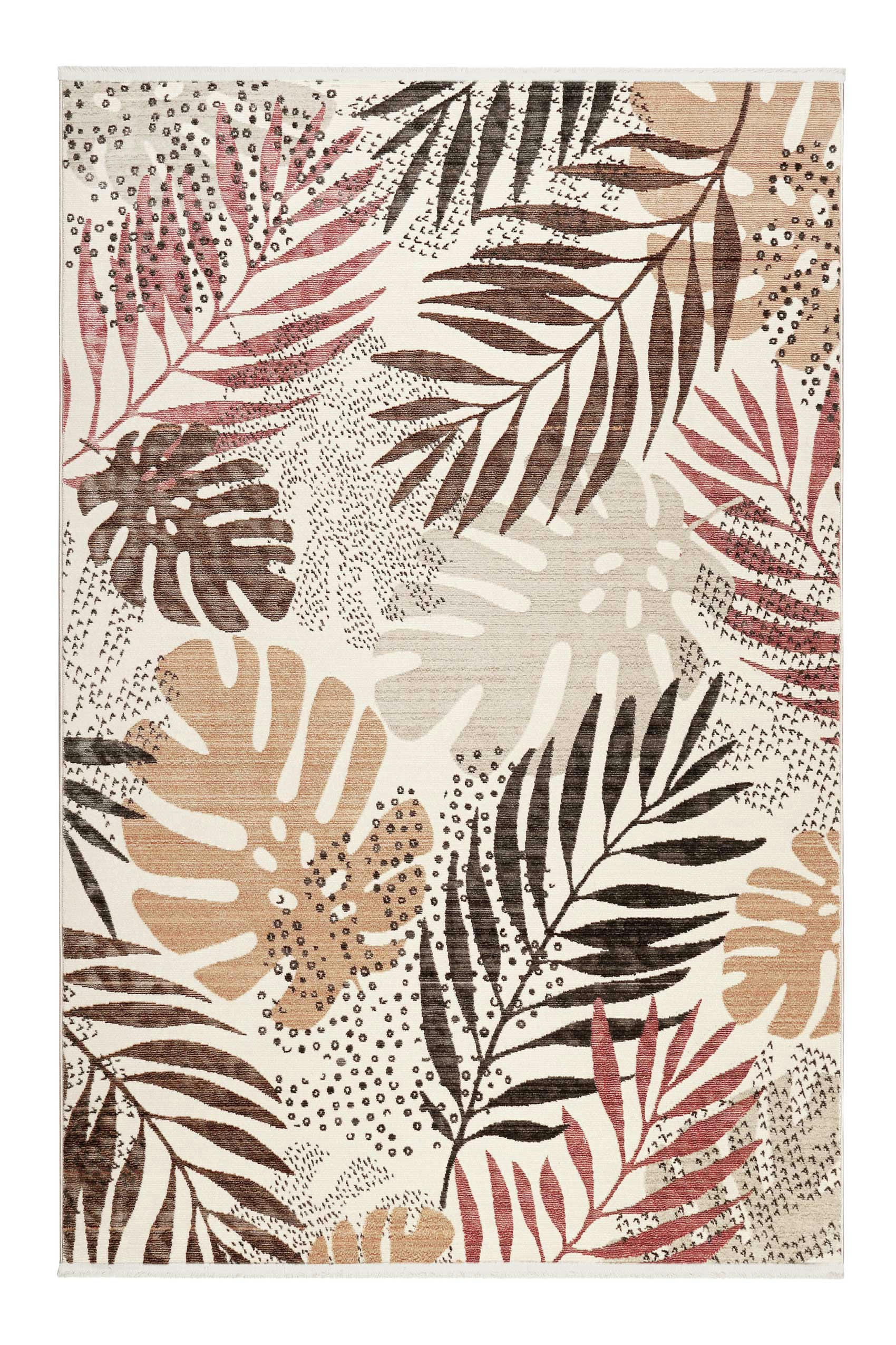FLORENCE - Tapis tissé plat thème feuillage à franges fond beige 80x150