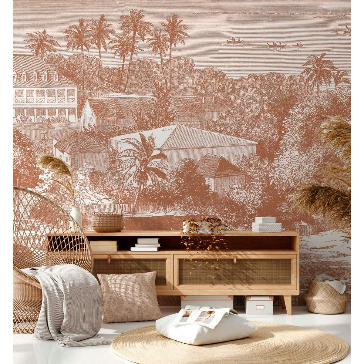 MAIMITI - Papier peint panoramique motif imprimé Marron noisette 336x270cm