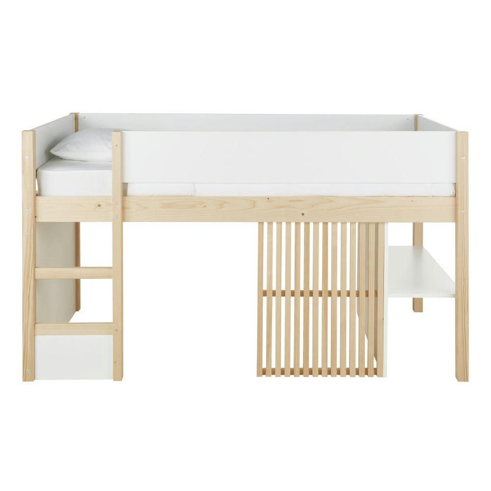 Safari - Lit cabane surelevé enfant 90x190 blanc et beige