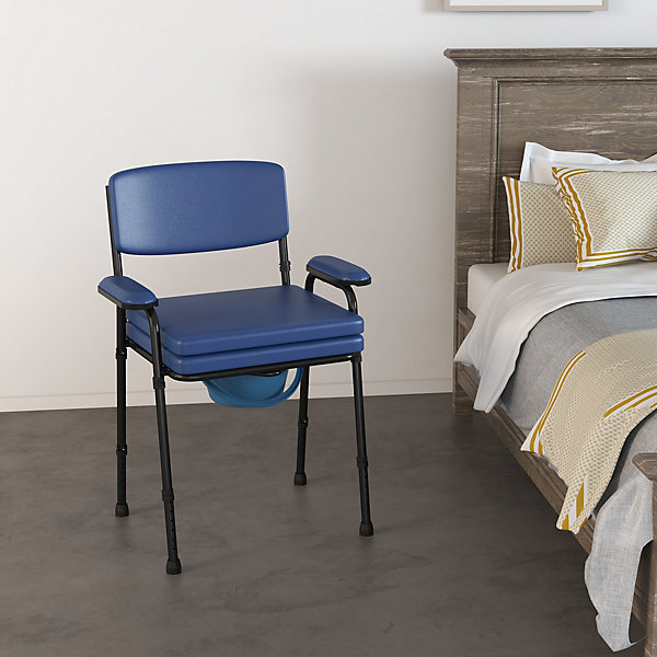 Chaise percée réglable - chaise de toilette - seau amovible, coussin, accoudoirs - acier noir PVC bleu
