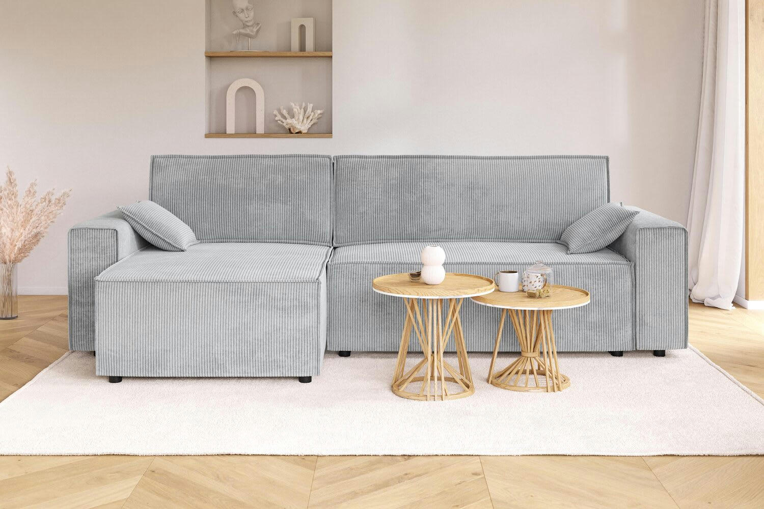 MARIUS - Canapé d'angle convertible en velours côtelé 4 places gris clair