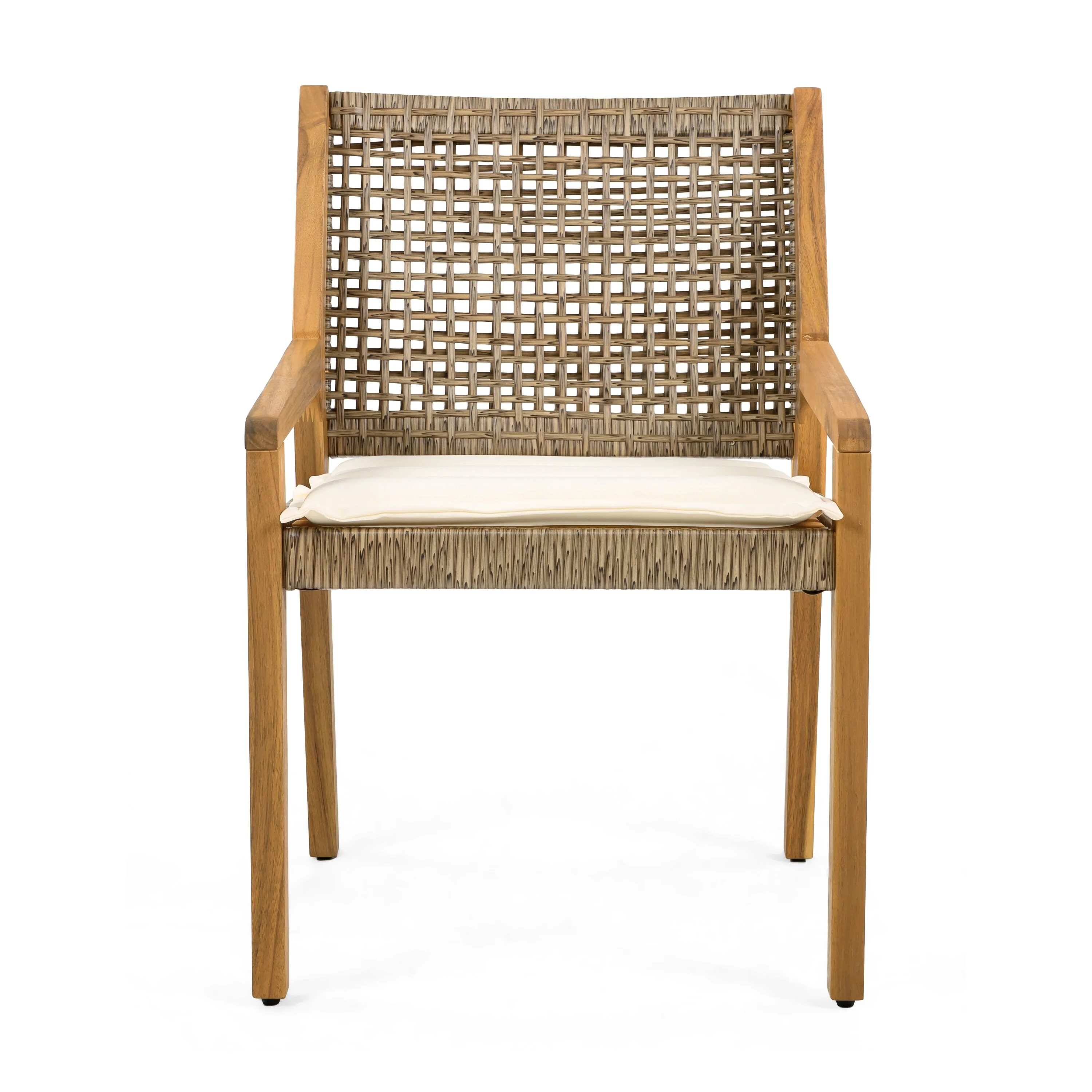 Set of 2 Outdoor Dining Chairs ，Acacia Wood & Wicker with Cream Cushion ，Teak Finish & Brown Wicker