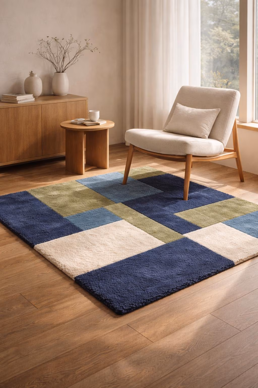 Modern Geometric Color Block Rug, Navy Blue Green Beige, Hand Tufted Plush Area Carpet for Living Room Bedroom 5x7