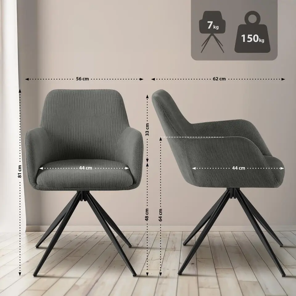 CLP Eetkamerstoel Olema zwart Frame - Ribstof - grijs