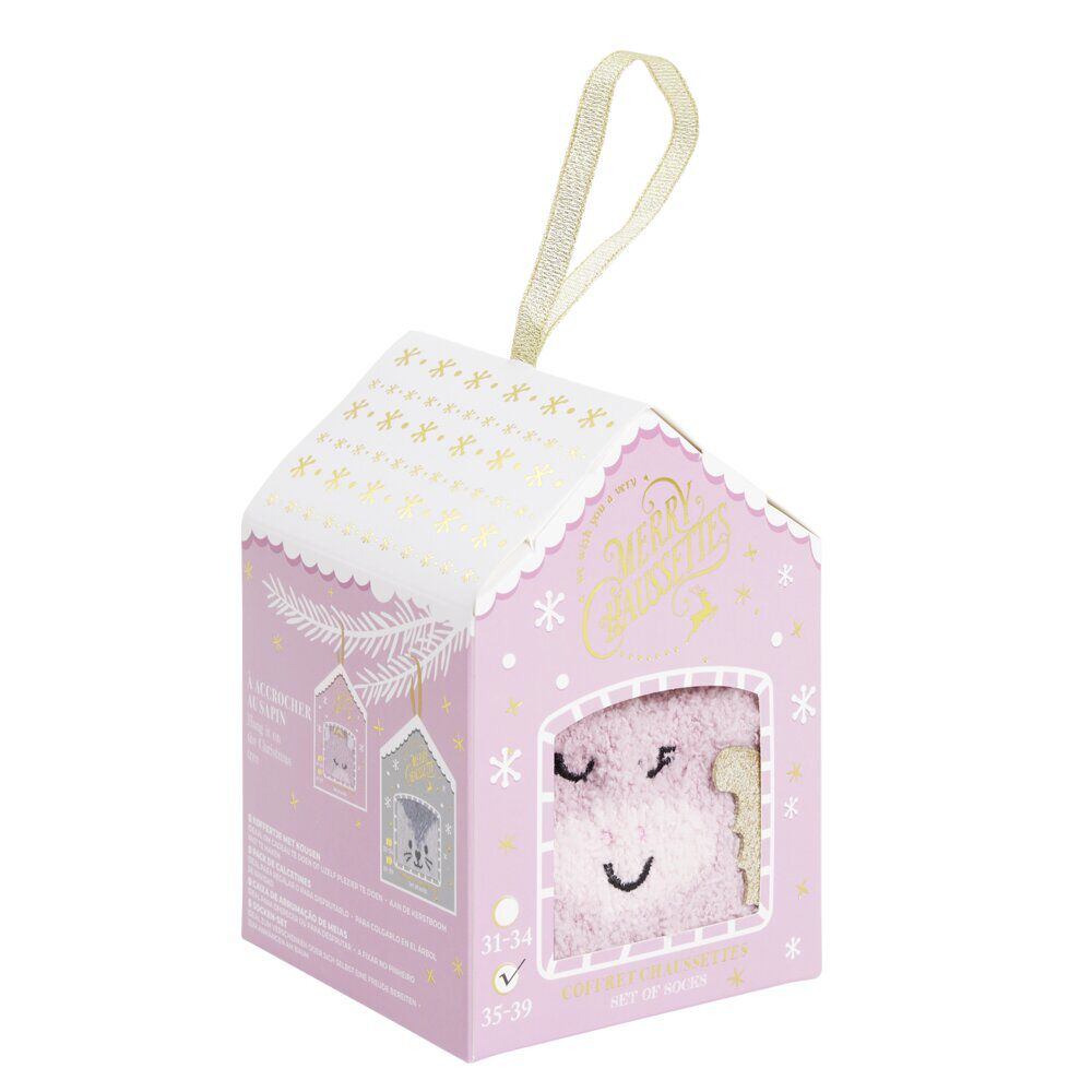 Coffret cadeau chaussettes cocooning licorne No&euml;l rose et doré (31/34 ou 35/39)