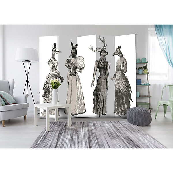 Paravent Chic Zoo II 5 Volets, Séparateur Original 225 x 172 cm Beige et Noir