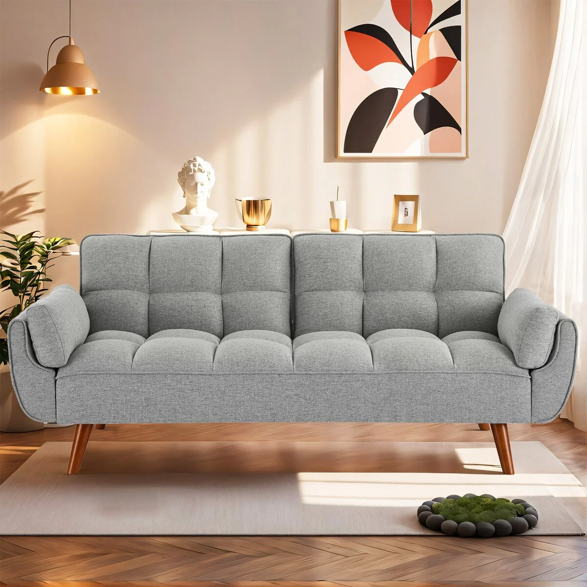 75.39 INCH Futon Sofa Bed, Convertible Folding Futon Couch Recliner Lounge For Living Room With 2 Pillow/Armrest
