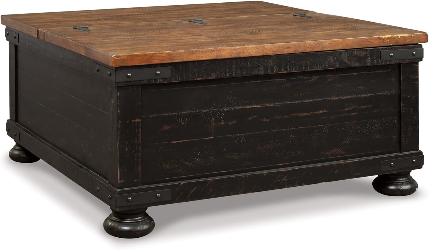 Signature Design by Ashley Valebeck Lift Top Coffee Table, Storage, Split-top Design, Wood, 36 W x 36 D x 18 H, 2-tone Distressed Brown & Black Finish
