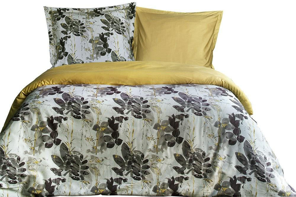 Pościel satynowa 160x200 Olivia w pudełku liście szara Luxury Premium