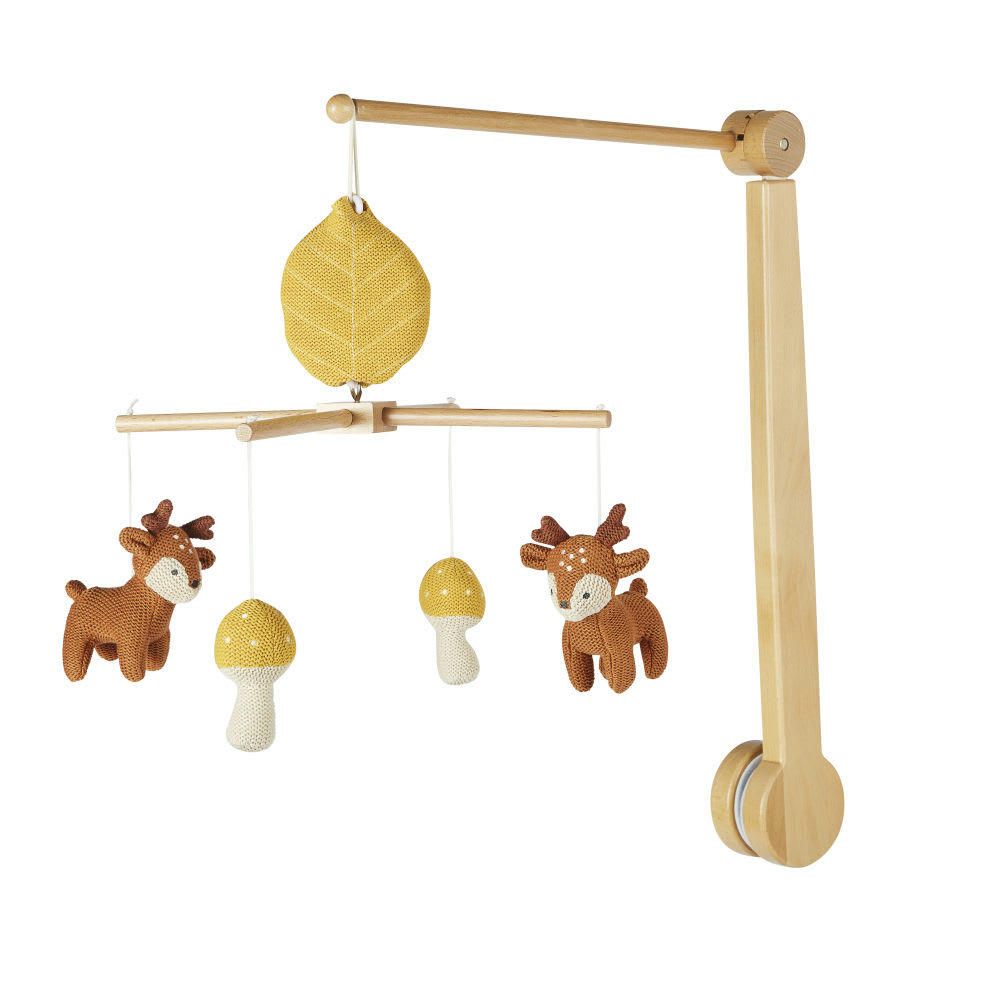 MIMIZAN - Mobile musical bébé cerf et champignons en coton tricoté multicolore