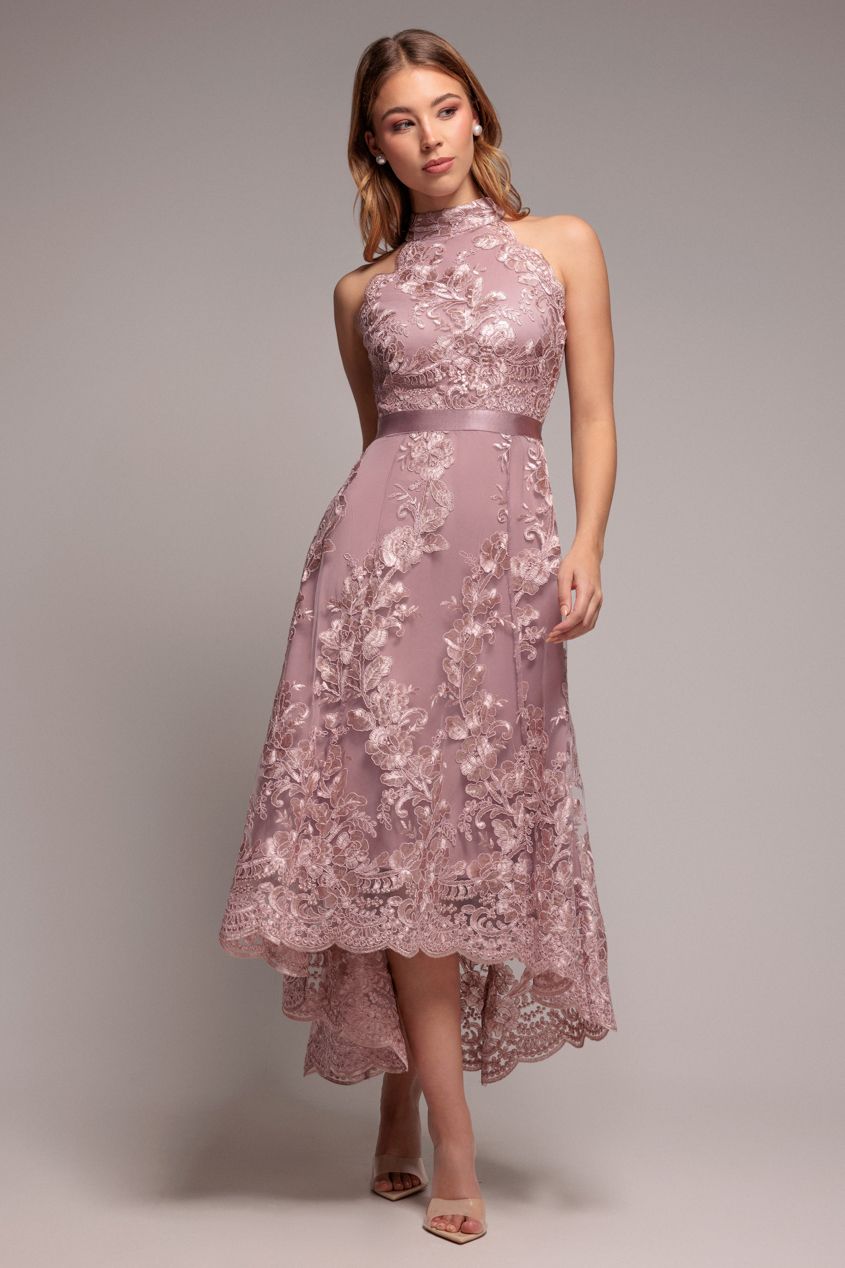 Goddiva Halter Neck Lace High And Low Dress