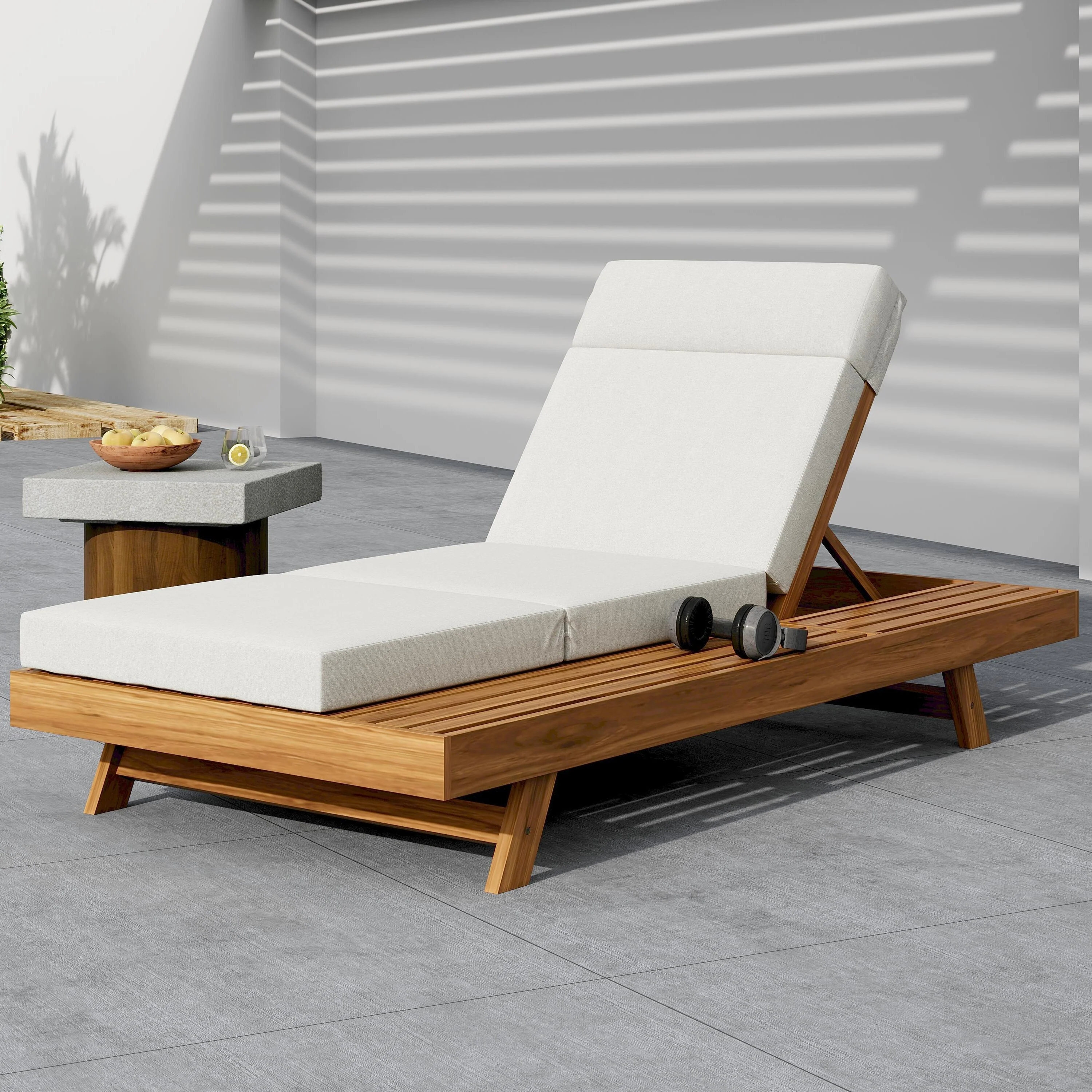 Roomfitters Acacia Wood Chaise Lounge with Headrest and Side Tray, 3-Fold 4 Cushion, Water-Resistant