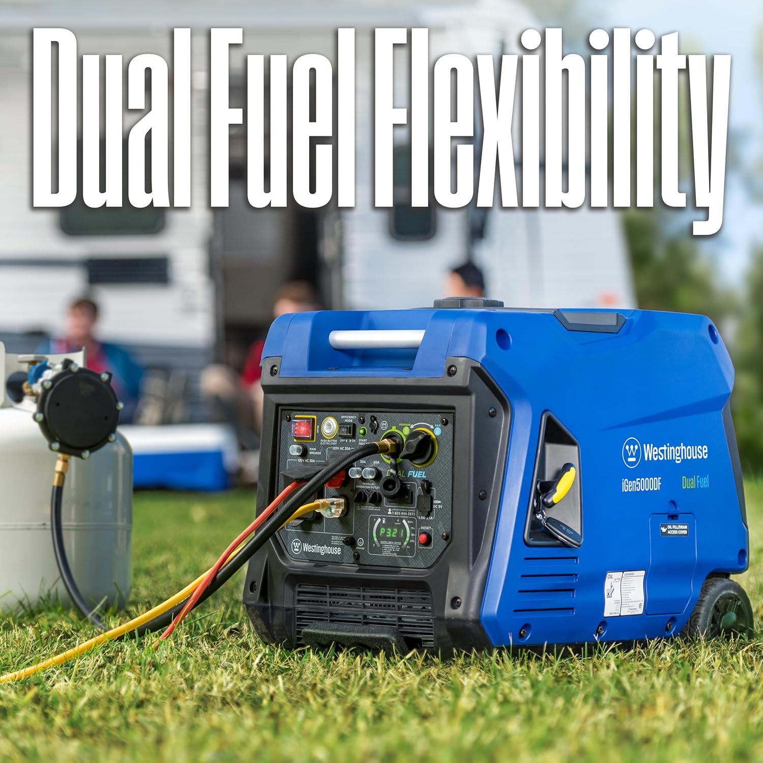 Westinghouse 5000 Peak Watt Super Quiet Dual Fuel Portable Inverter Generator  Remote Electric Start  Gas & Propane Powered  RV Ready 30A Outlet  Parallel Capable  Blue/Black