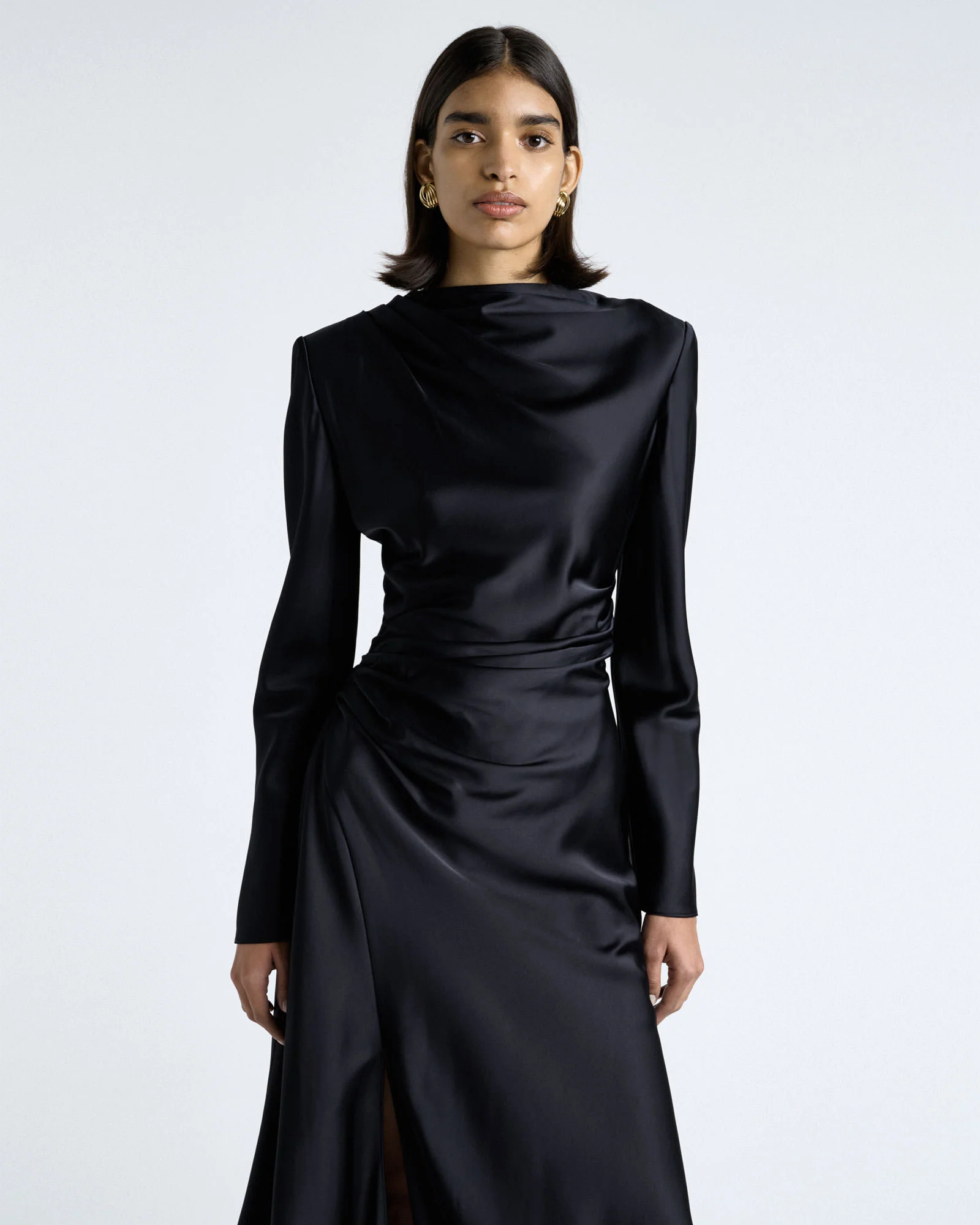 Dark Ink Matte Satin Viscose Gathered Midi Dress