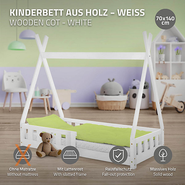 Lit d'enfants ML-Design Tipi 70x140 cm blanc maison indien en bois de pin sommier et clôture de jeu