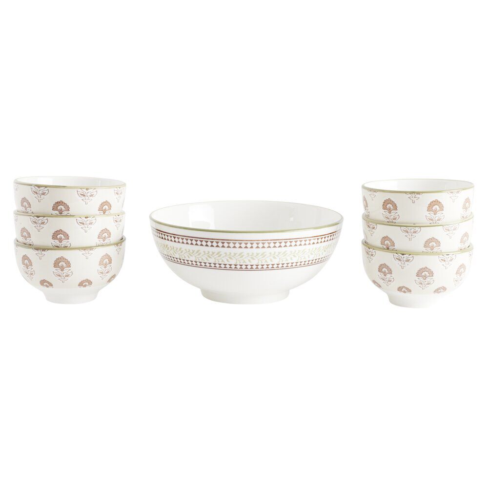 Service saladier porcelaine Ø20cm avec 6 bols Ø11,5cm motif Indie beige