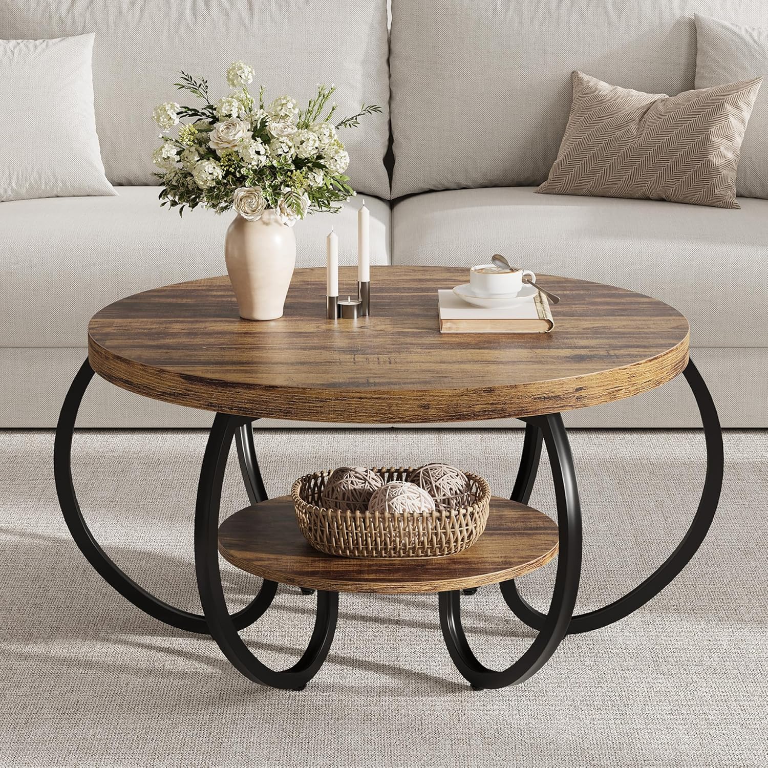 GarveeHome Round Coffee Table 30 in Center Table, 2-Tier Coffee Table Industrial Center Tables with Adjustable Feet, Living Room Tables with Storage Shelf and Designed Wood Grain, Easy Assemble