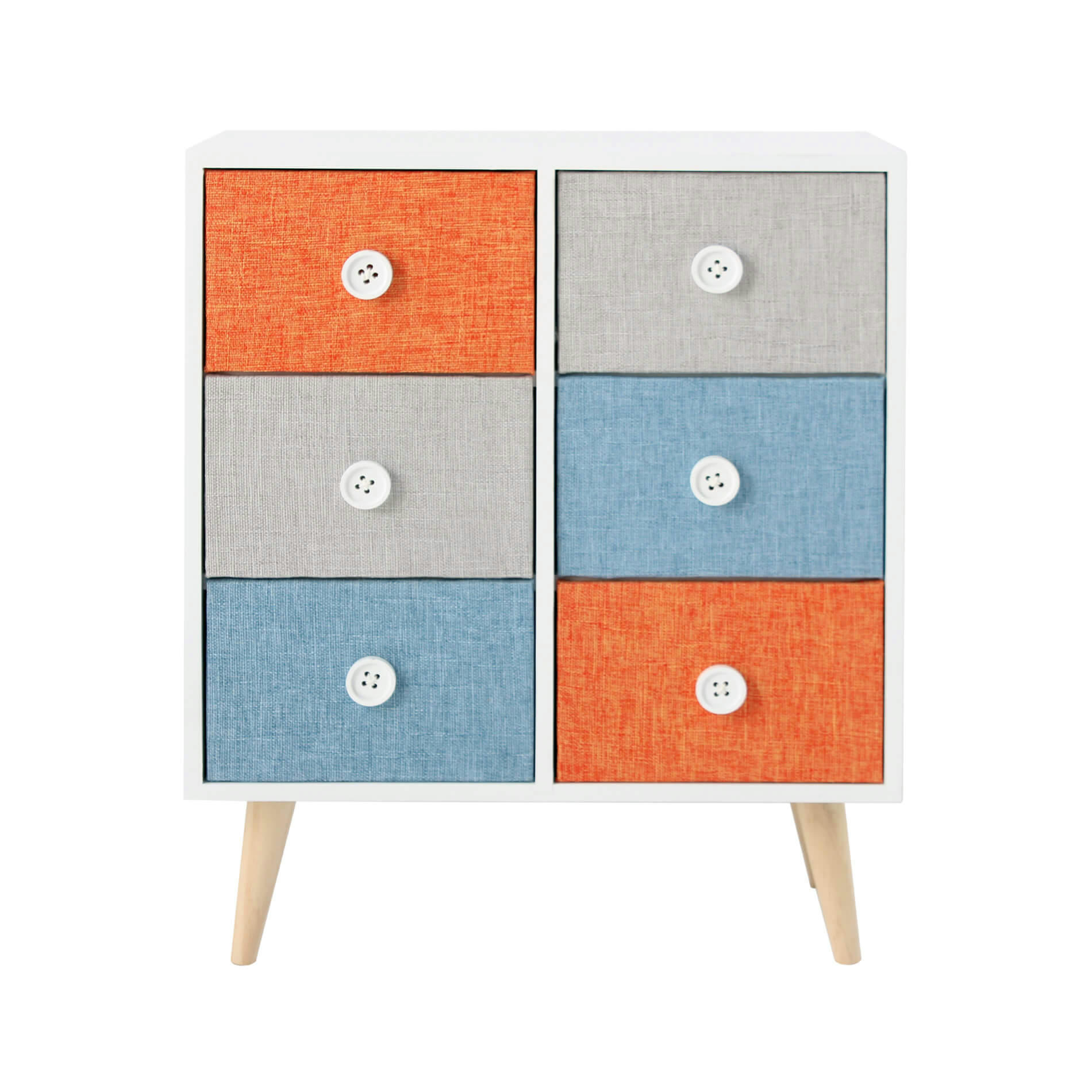 - Chiffonier sur pied avec 6 tiroirs en MDF et tissu blanche et coloré