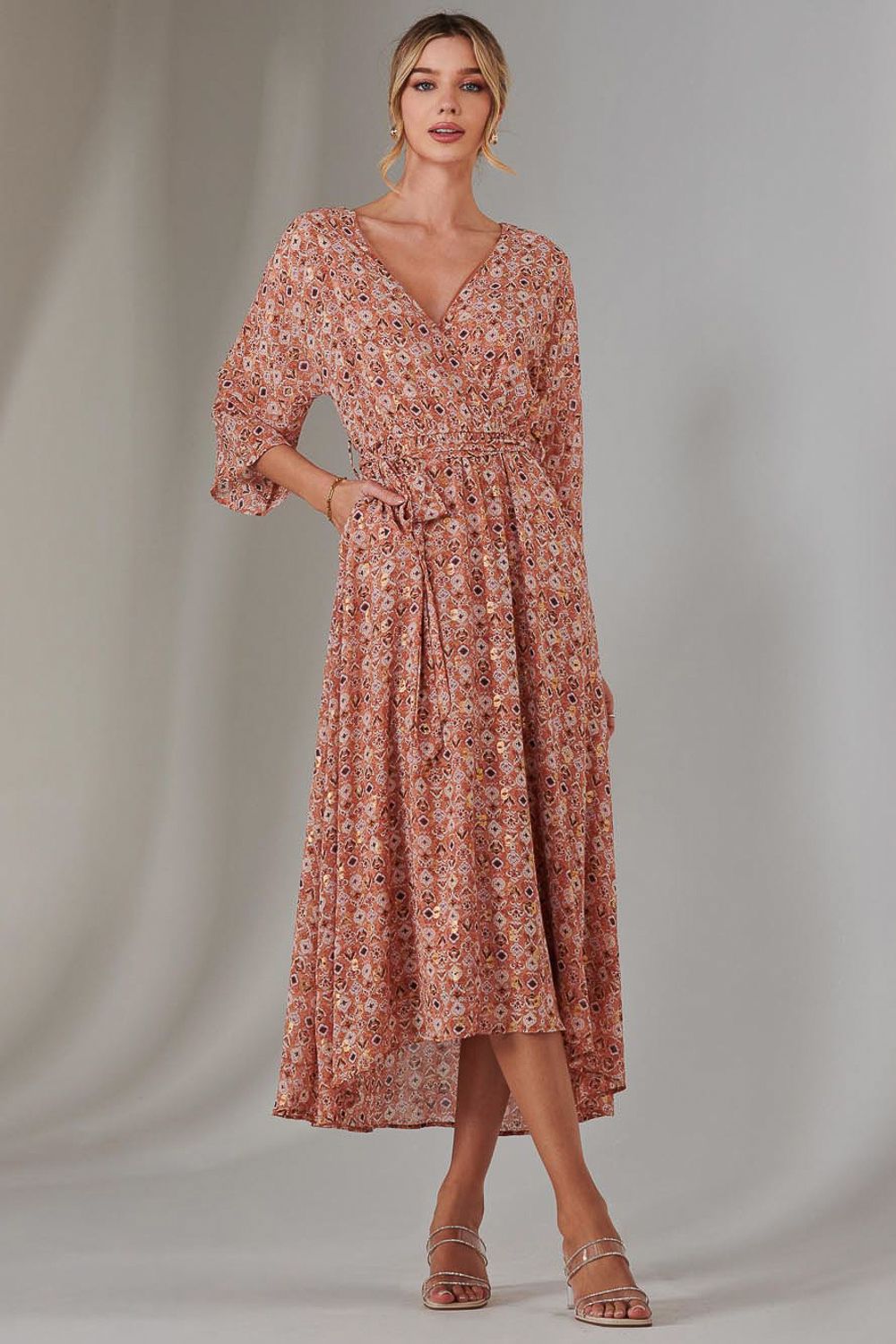 Jolie Moi Gold Spot Printed Chiffon Maxi Dress