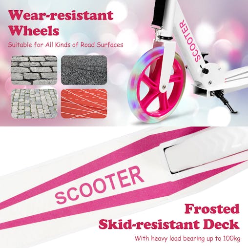 NNECW Folding Kick Push Scooter with Flashing LED Wheels-Pink