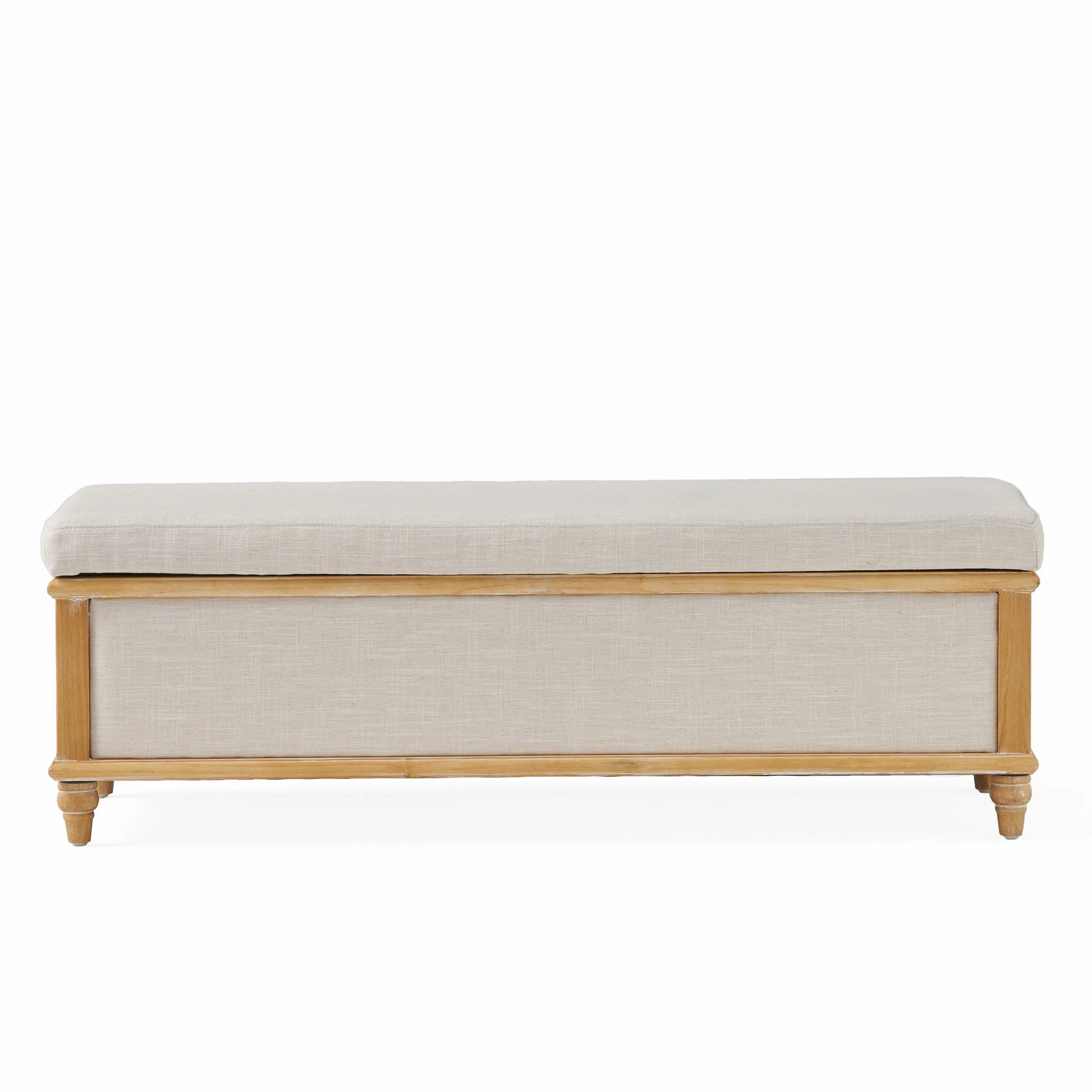 Patty Storage Ottoman Bench, White Fabric, Natural Brown Wood, 49 Inch