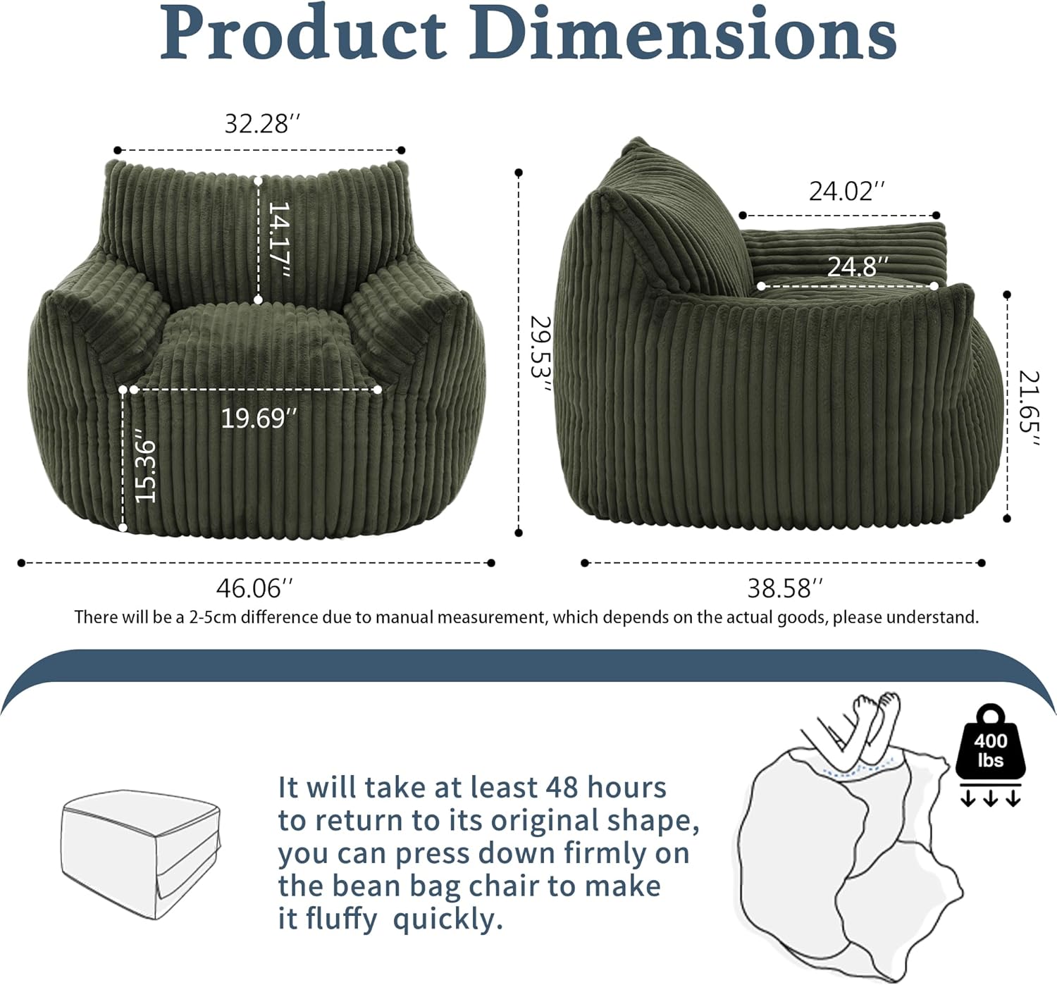 Gericco Giant Plush Bean Bag Chair for Adults with Armrests - Oversized Comfy Green Beanbag Lounge Lazy Floor Sofa Accent Chair for Living Room, Bedroom & Dorm, Cozy Fluffy Single Cloud Mini Couch