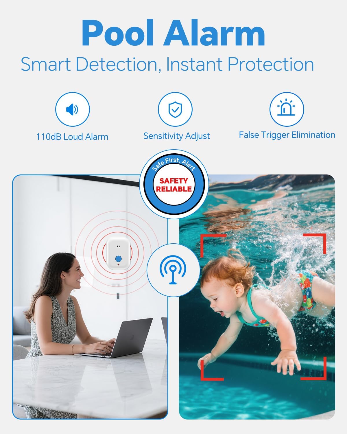 Pool Alarm  Floating Pool Safety Alarms for Inground & Above Ground Pools – Loud 110dB Alert  Adjustable Sensitivity  Protection for Kids & Pets (Blue)