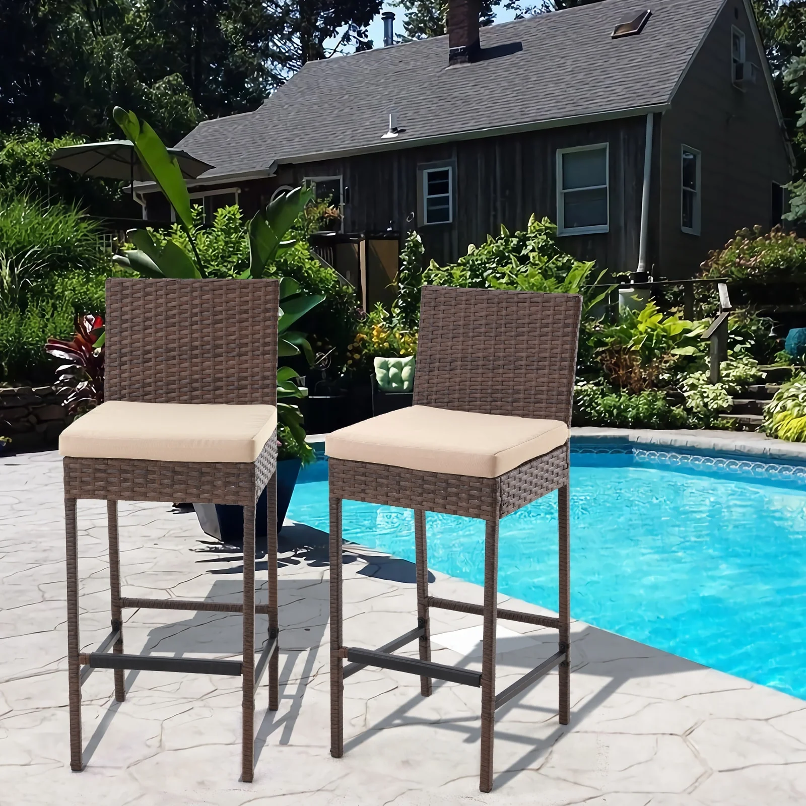 AVAWING Set of 2 Patio Wicker Barstools Rattan Bar Height Chairs