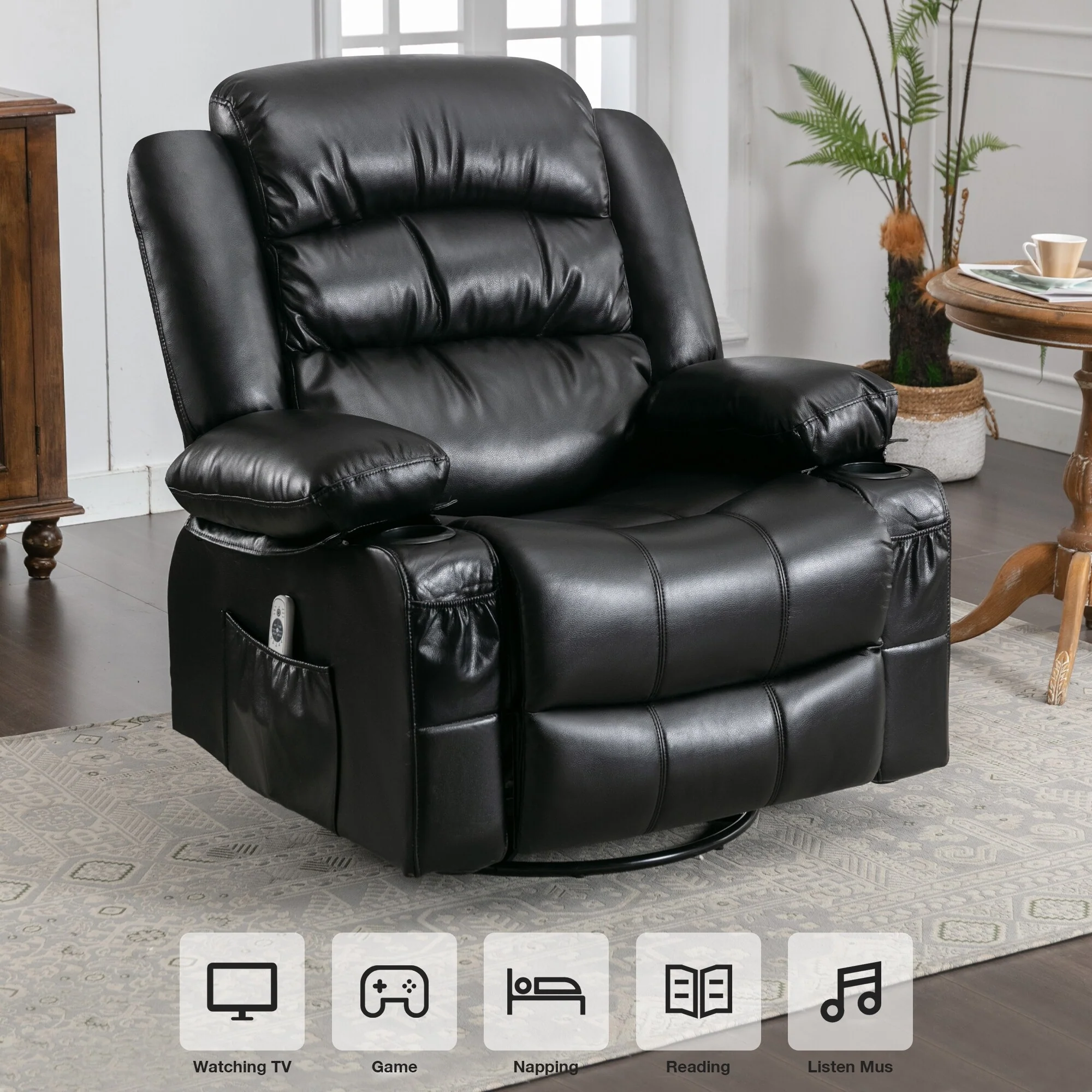 Black 360° Swivel Rocker Recliner with Vibration Massage, Heating, Side Pockets, USB Port, and Dual Cup Holders