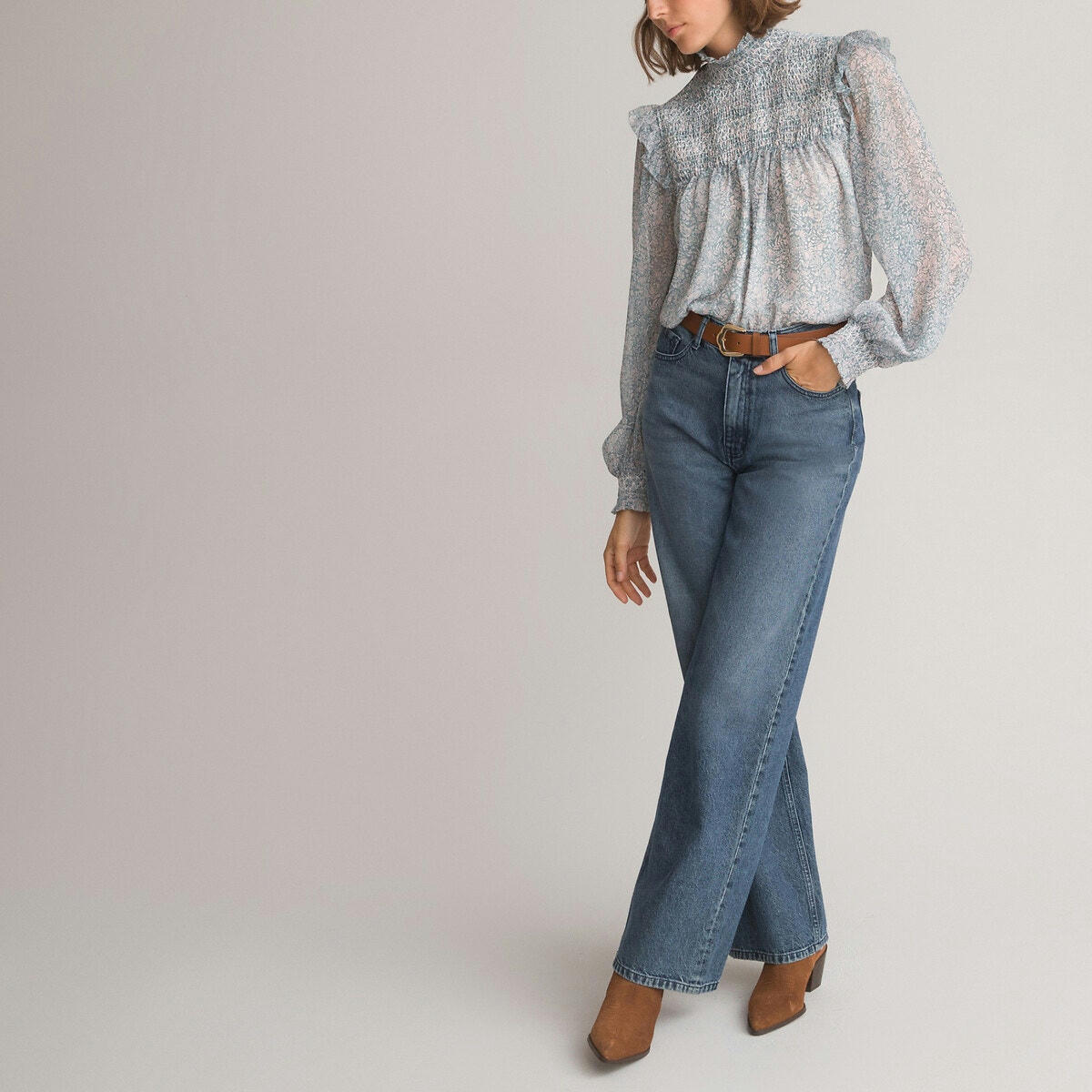 Blouse col montant manches longues, imprimé fleurs