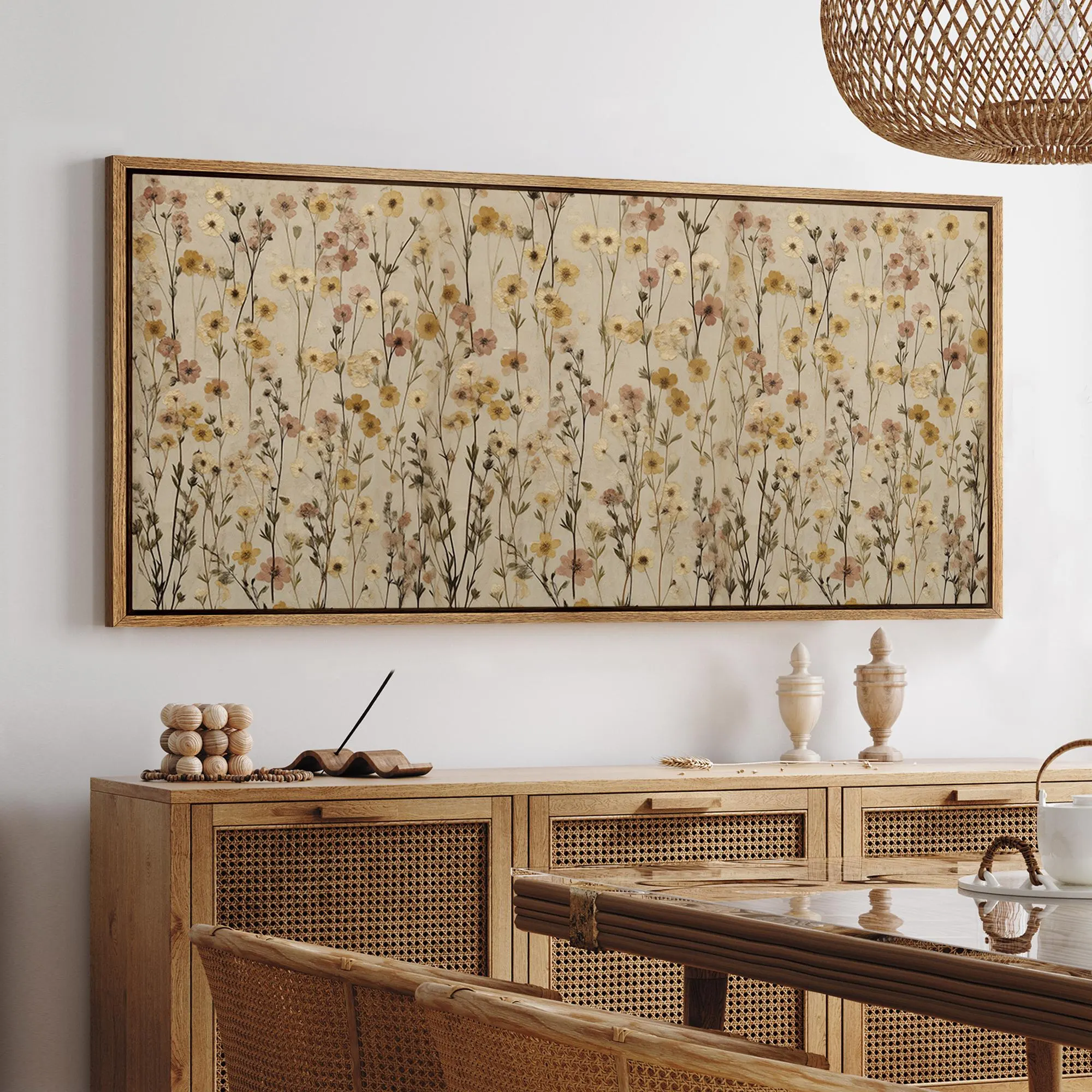 Large Pressed Wildflower Framed Wall Art, Neutral Beige Botanical Canvas Print, Cottagecore Living Room Decor