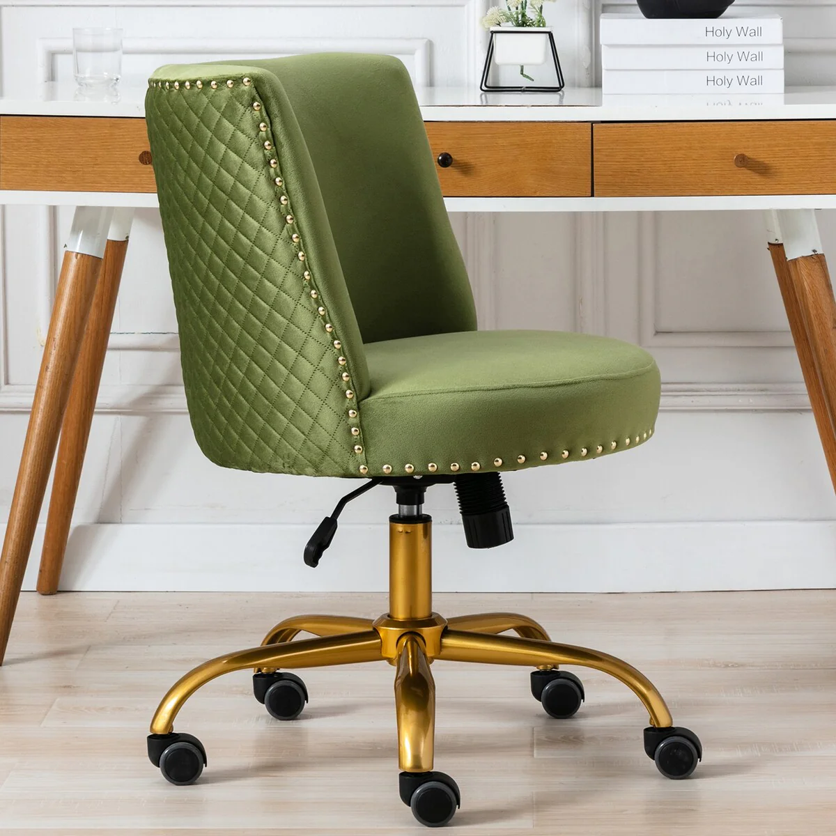 Modern Luxury Style Swivel & Adjustable Velvet Accent Chair with Nailhead Trim and Gold Finish Metal Five-Pronged Base