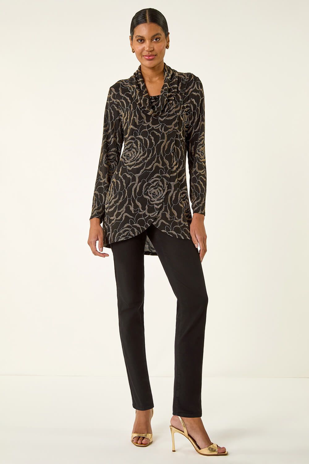 Roman Jacquard Cowl Neck Stretch Top