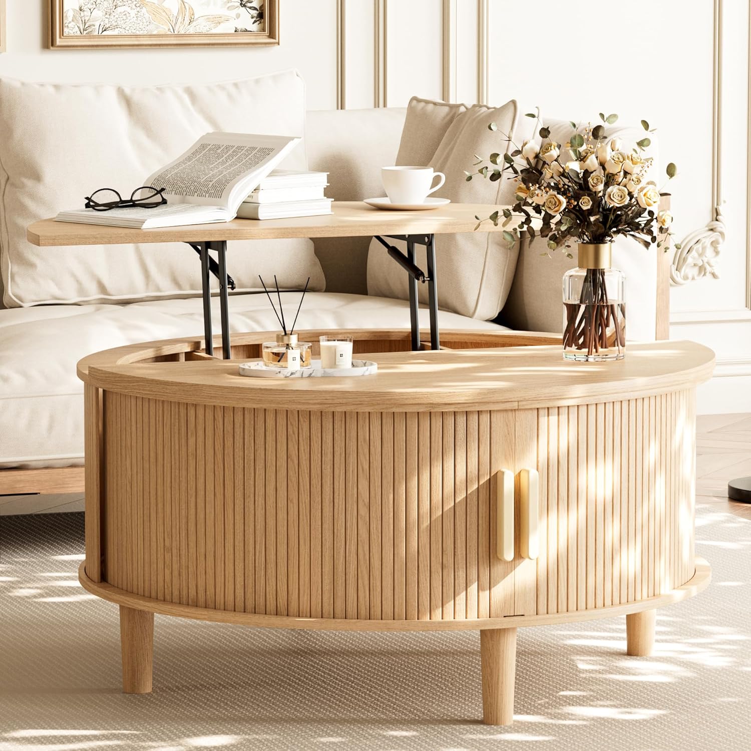 INNOD Round Coffee Table Lift Top with Storage, Fluted Drum Coffee Table for Living Room, Mid Century Modern Oak Wood Round Coffee Table with Sliding Tambour Door, Center Table (Boho Light Oak)