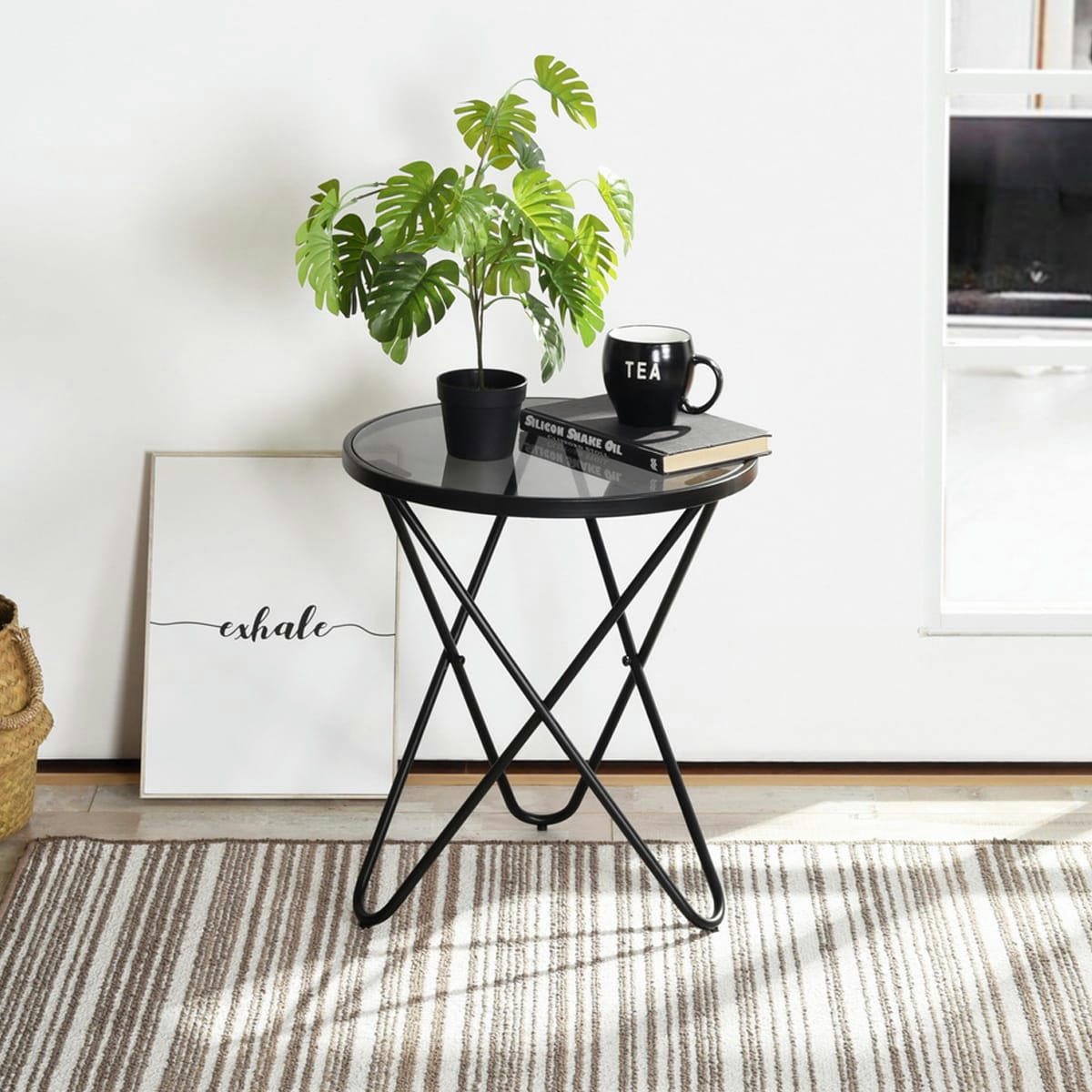 CANALES - Table d'appoint ronde style scandinave avec verre gris fumé