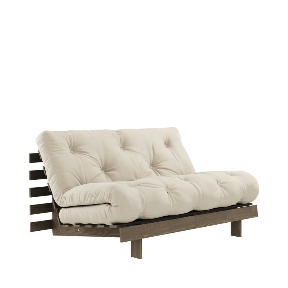 ROOTS - Canapé convertible 140x200cm en bois foncé et tissu beige 2 places