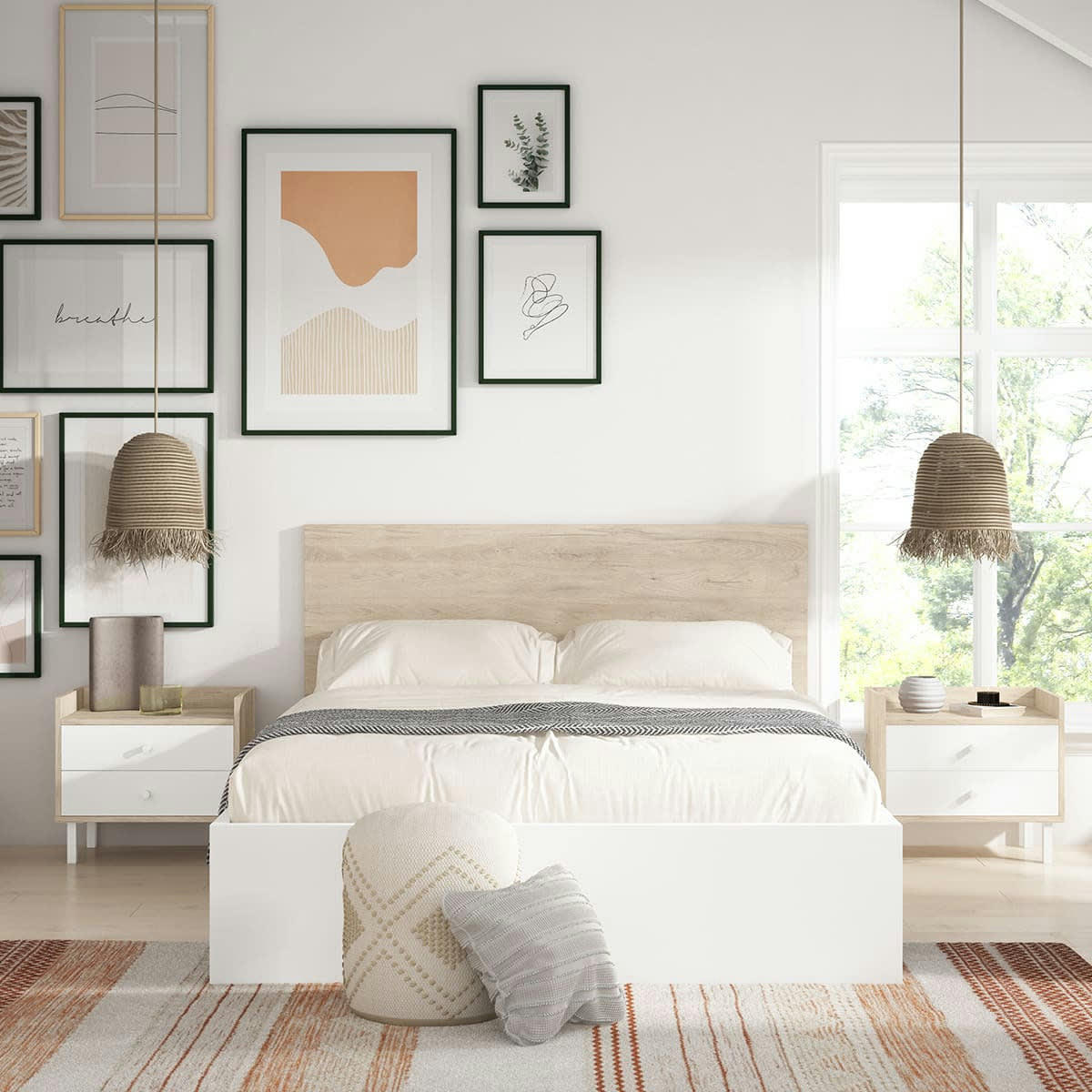 ARIZONA - Lit coffre 140x190 cm blanc avec tête de lit effet bois