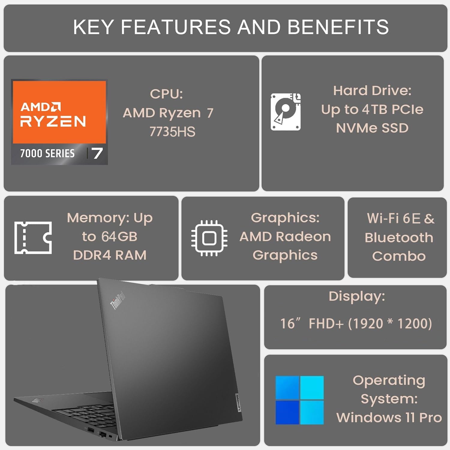 Lenovo ThinkPad E16 G2 Business Laptop Computer  16 FHD+  AMD 8-Core Ryzen 7 7735HS (Beat i7-1360P)  16GB DDR5 RAM  1TB PCIe SSD  WiFi 6E  Fingerprint Reader  Backlit Keyboard  Windows 11 Pro