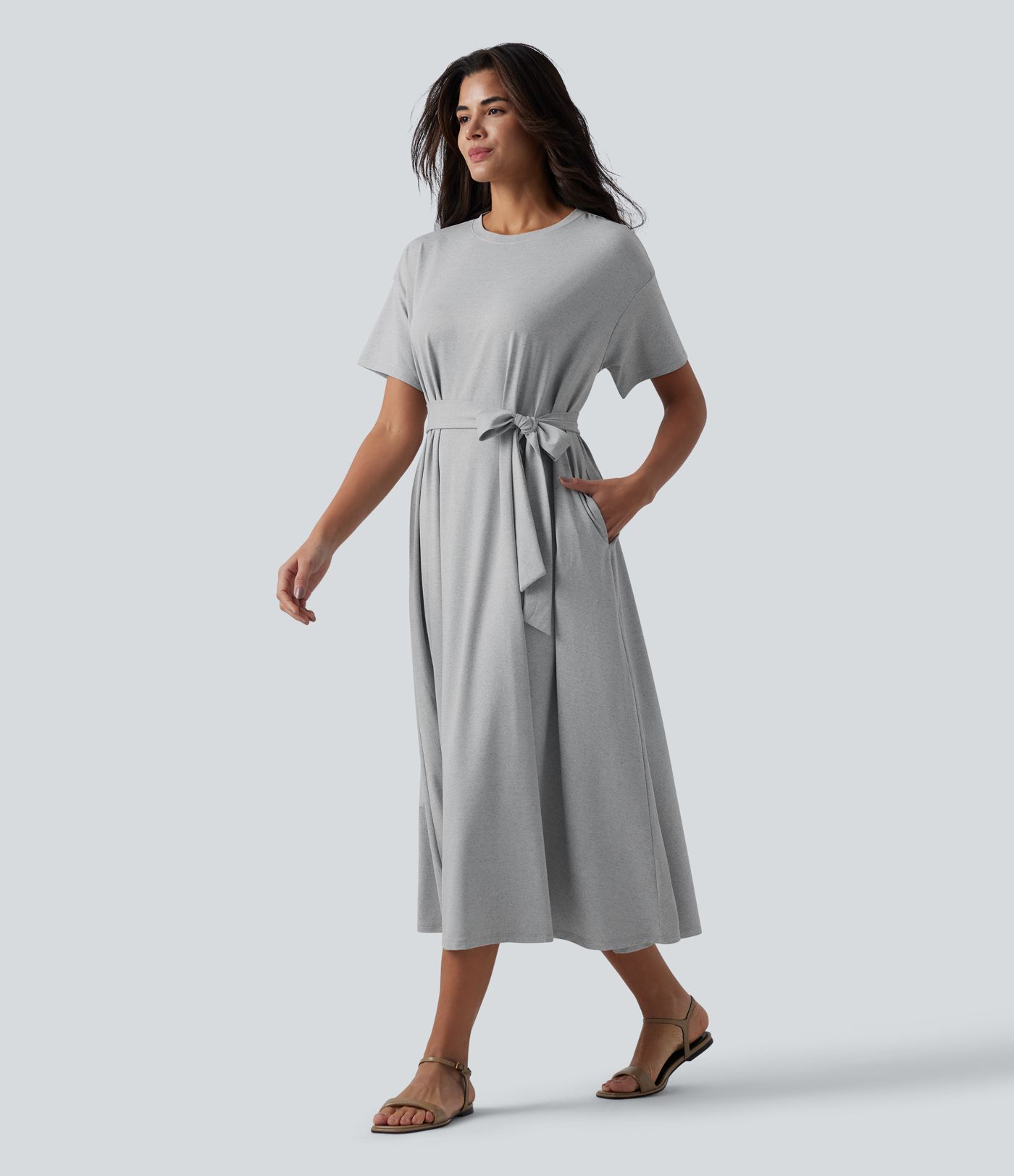 Robe T-shirt casual midi fluide col rond manches courtes avec ceinture et poches