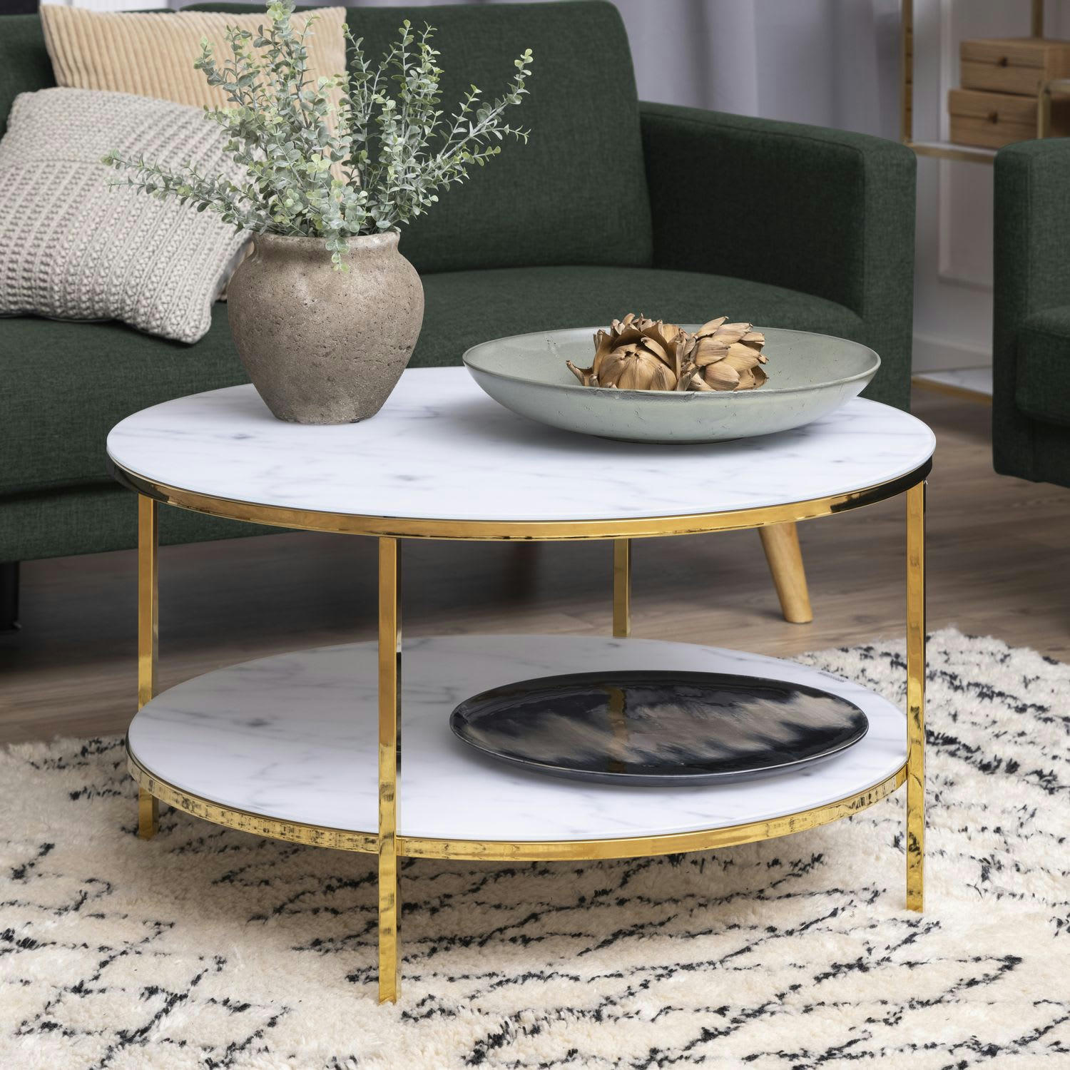 ALYSÉ - Table basse ronde effet marbre en verre et métal 2 niveaux or