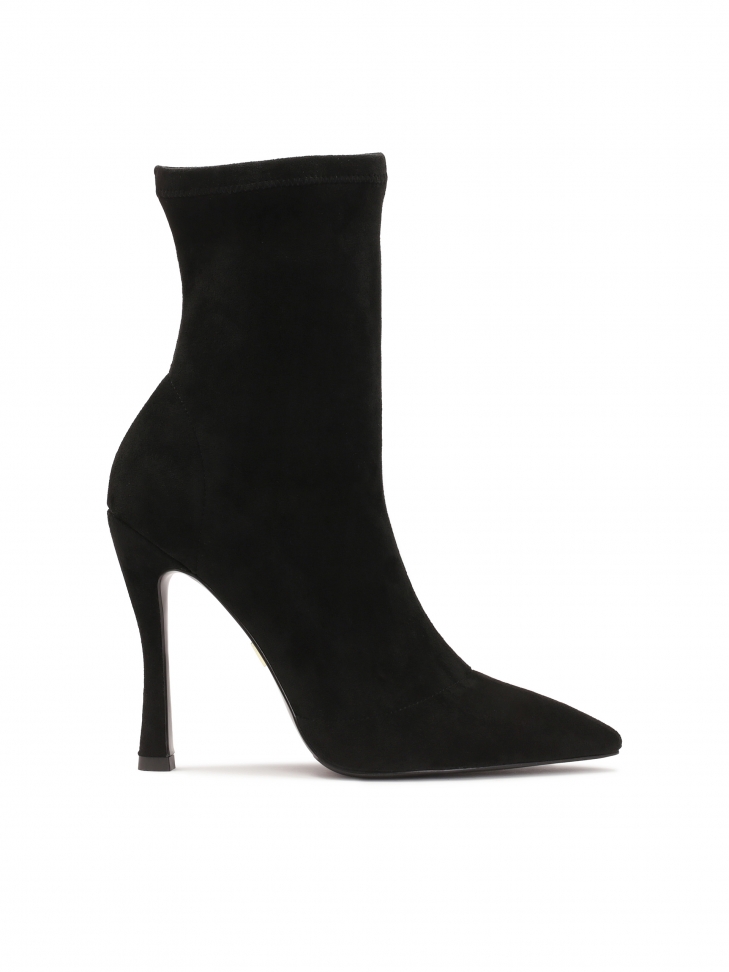 Black fabric boots with a contoured heel