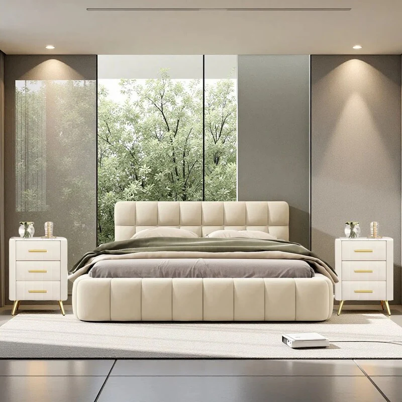 3-Pieces Bedroom Sets, Queen Size Upholstered Platform Bed with Thick Fabric ,and Two Nightstands with Metal Legs&Handles