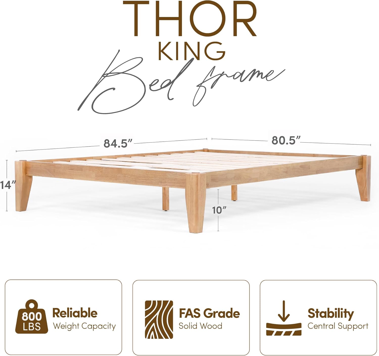 Thor Premium Solid Wood Bed Frame King, Japanese Joinery Bed Frame with Wood Slat Support, Platform Bed, No Box Spring Needed, Easy Assembly, Minimalist & Modern Style (Light Brown)