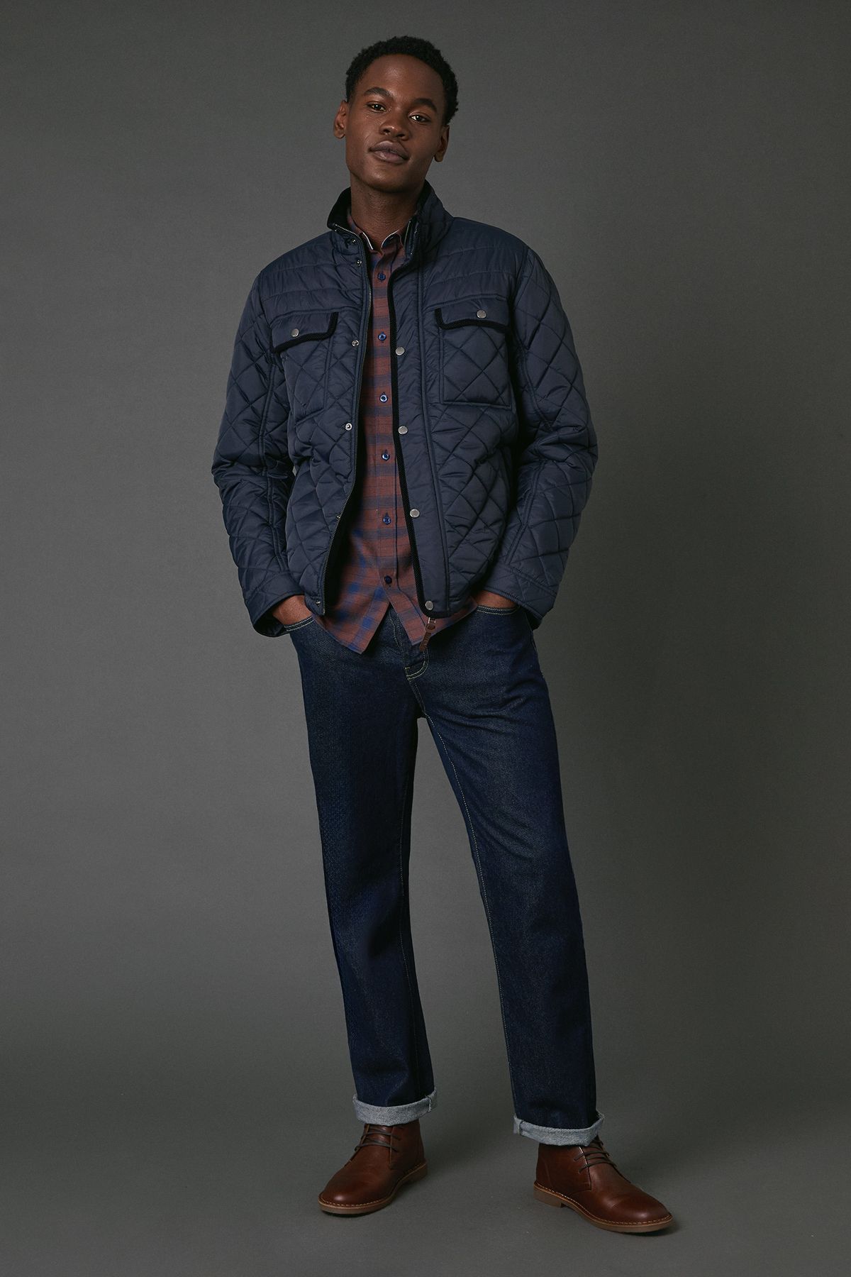 Maine Navy Funnel Neck Four Pocket Quilted Jacket