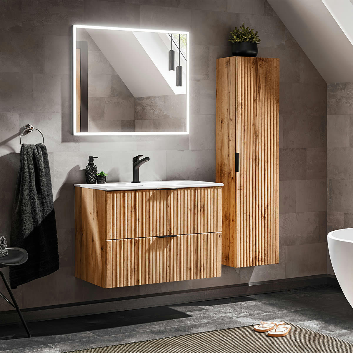 - Ensemble meuble simple vasque encastrée 80cm et colonne naturel