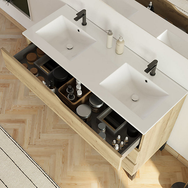 Meuble sous vasque seul, 3 tiroirs, 120cm, double vasque - madera miel (chêne clair) - MATA