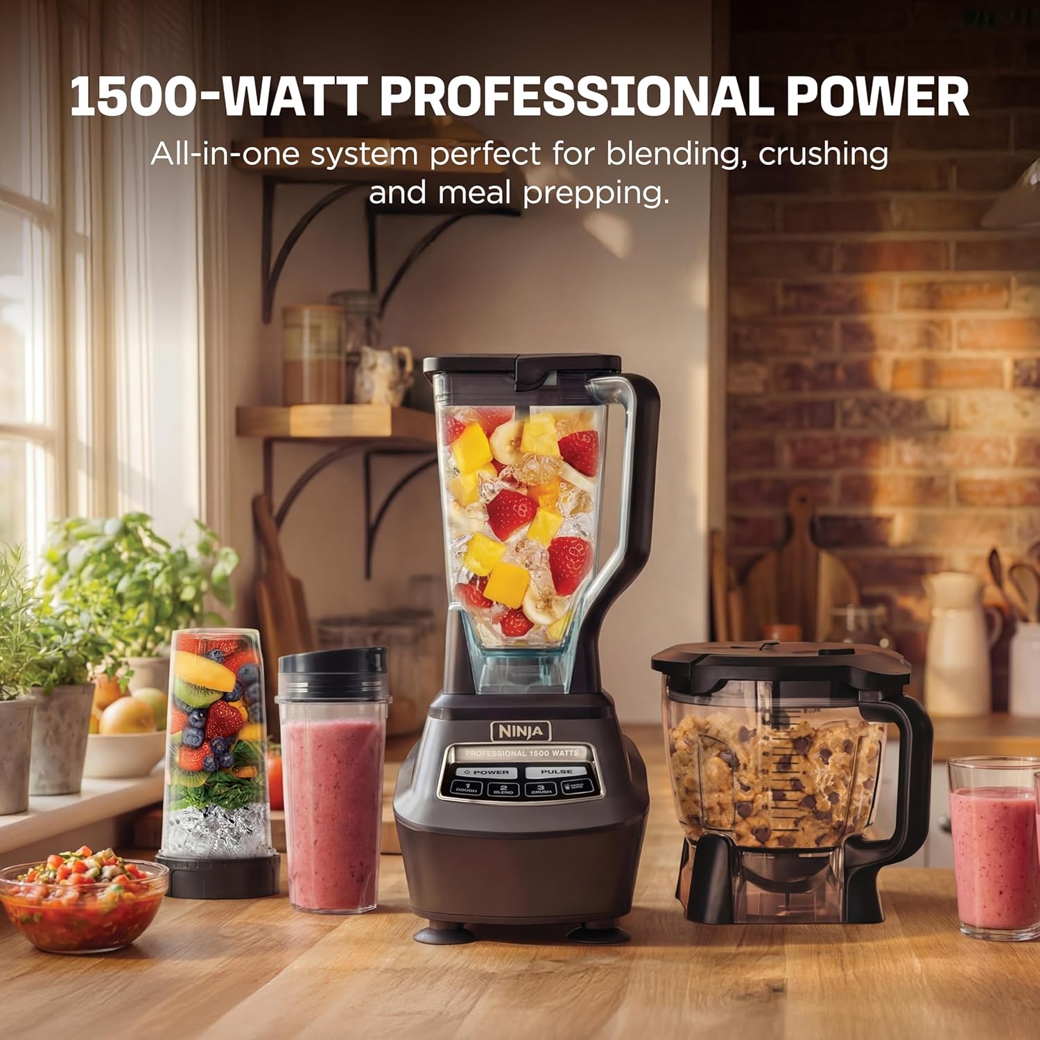 Ninja Kitchen System | All-in-One Food Processor & Blender for Smoothies | Includes Pitcher, (2) 16 oz. To-Go Cups & 8-Cup Bowl | Makes Salsa, Dough, Shakes, & Frozen Drinks | 1500W | Black | BL770