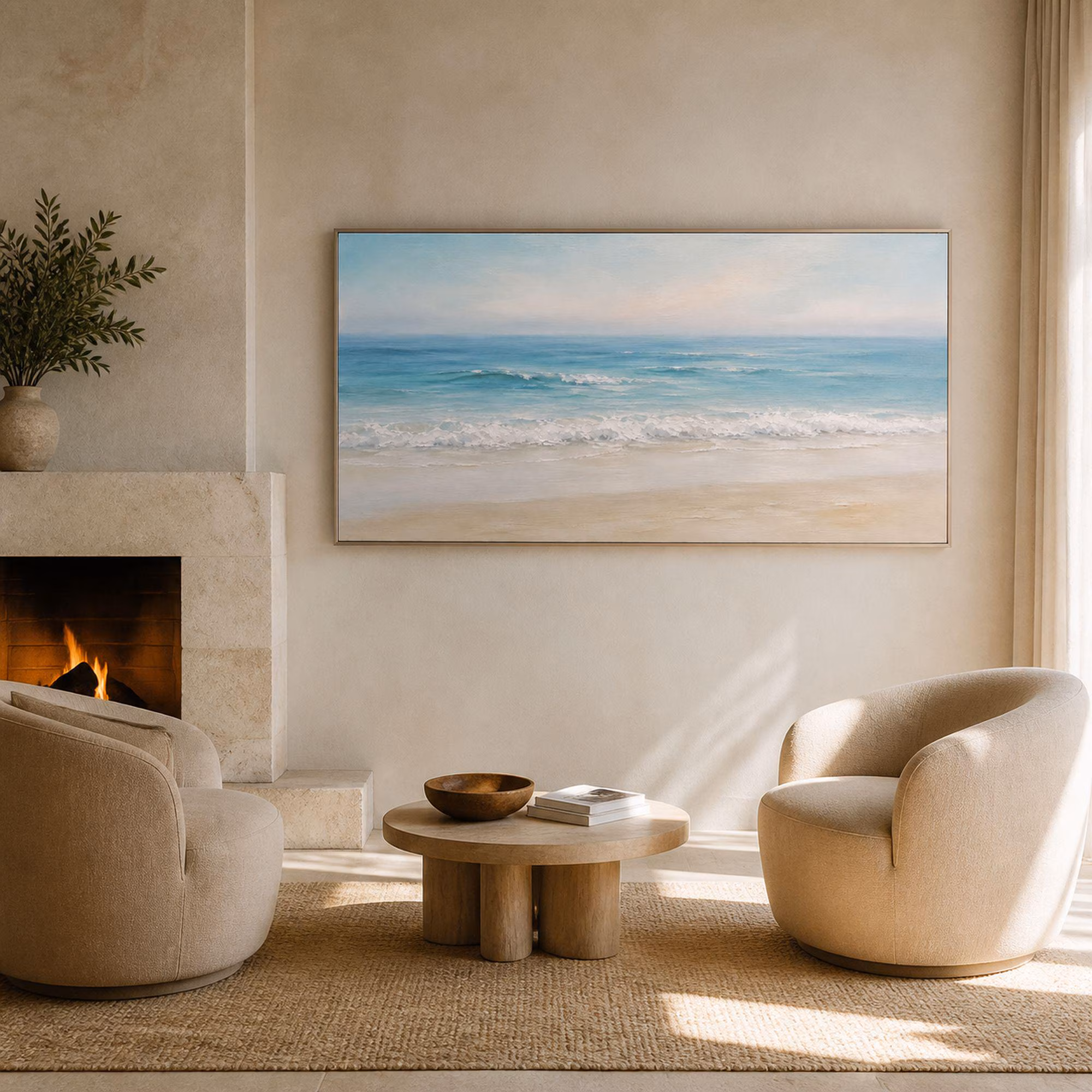 Pastel Blue Ocean Art, Blush Sky Coastal Seascape, Panoramic Beach Decor