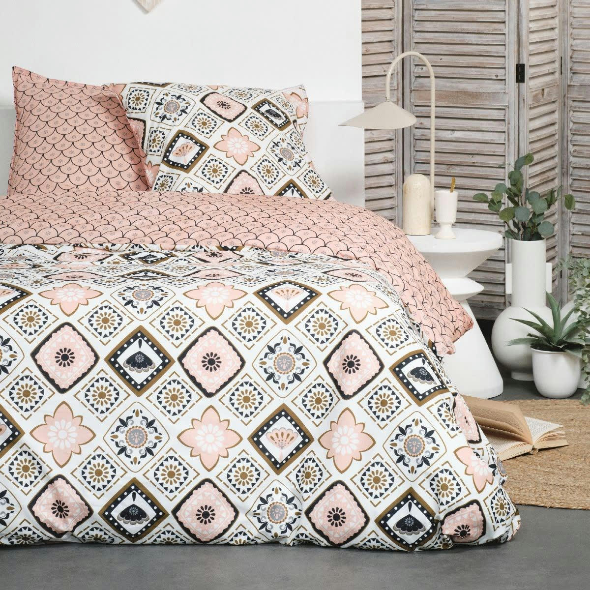 - Parure de lit en Coton Rose 240x220 cm